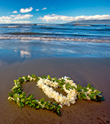 Leis on the beach at the water's edge.