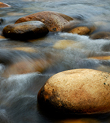 Stream water flowing over smooth stones.