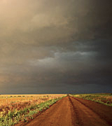 Photo of a road leading through fields to a gray sky in the distance.
